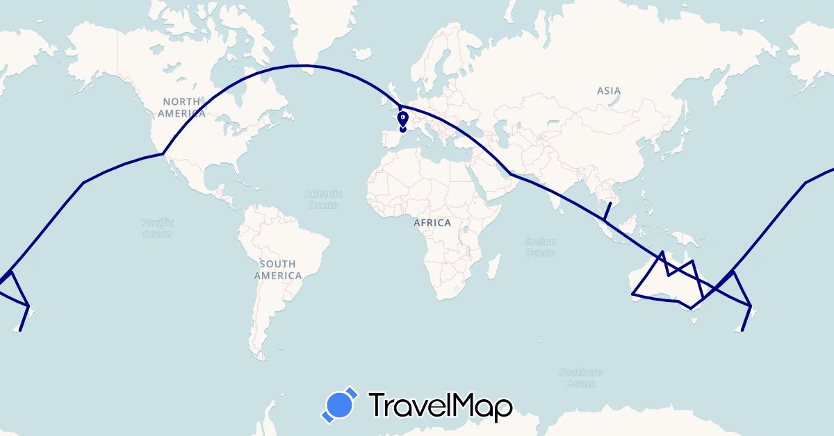 TravelMap itinerary: driving in United Arab Emirates, Australia, France, United Kingdom, Cambodia, Malaysia, New Caledonia, New Zealand, Singapore, United States (Asia, Europe, North America, Oceania)